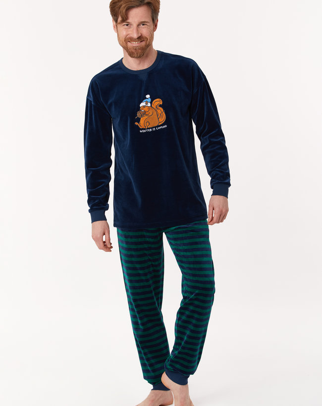 Woody Jongens-Heren Pyjama, donkerblauw-groen gestreept