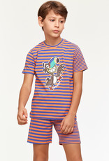 Woody Jongens-Heren Pyjama, blauw - oranje gestreept