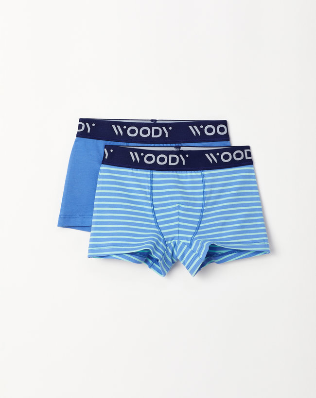 Woody Jongens Boxer, duopack blauw uni + fijne streep