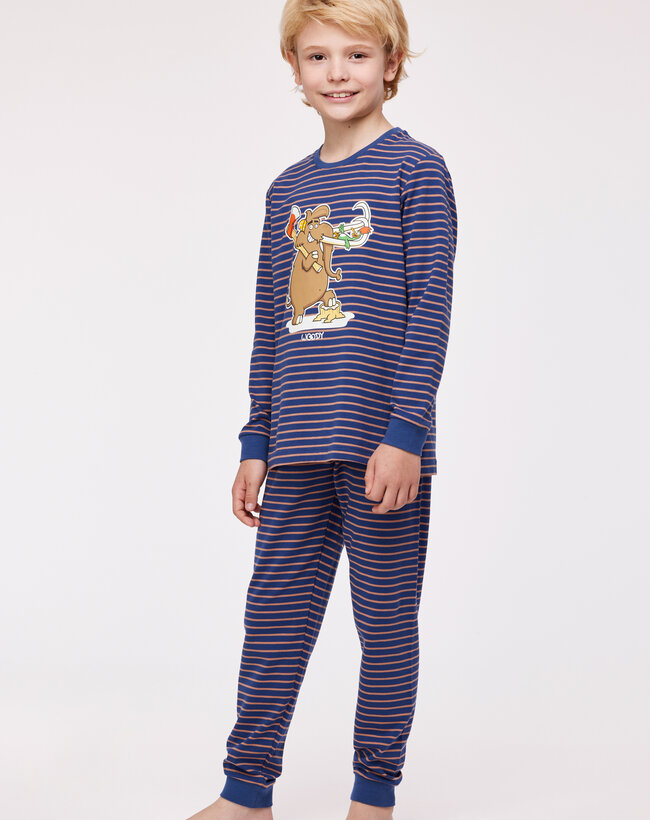 Woody Unisex Pyjama, donkerblauw-bruin streep