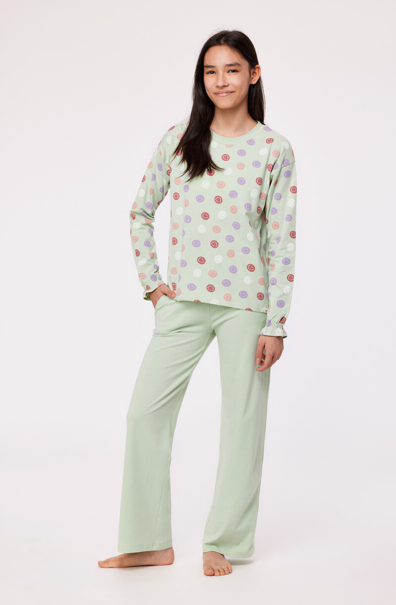Woody Meisjes-Dames Pyjama, smiley print muntgroen