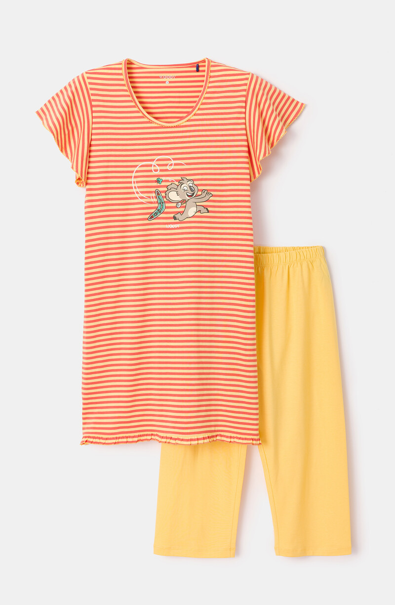 Woody Meisjes-Dames Pyjama, roest-geel streep