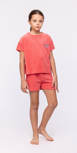 Woody Meisjes-Dames Set van T-shirt en Short, koraalrood