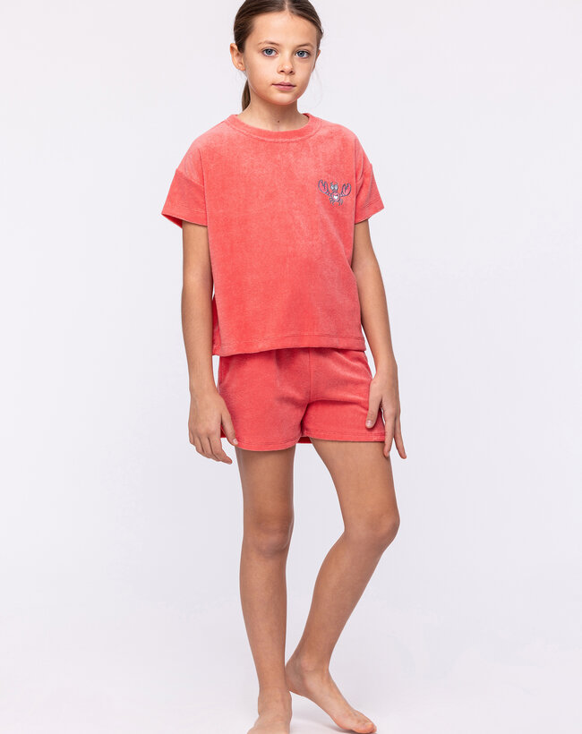 Woody Meisjes-Dames Set van T-shirt en Short, koraalrood