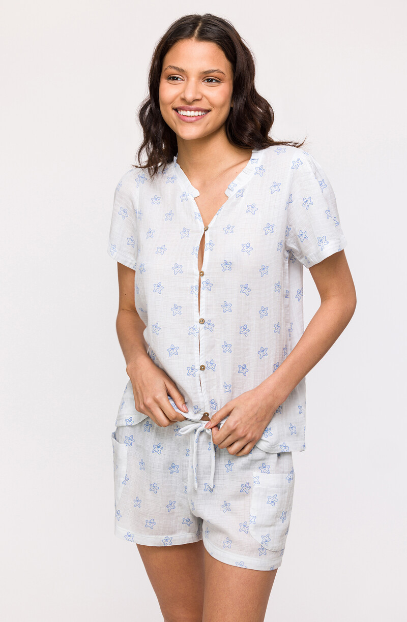 Woody Meisjes-Dames Pyjama, blauwe zeesterren print