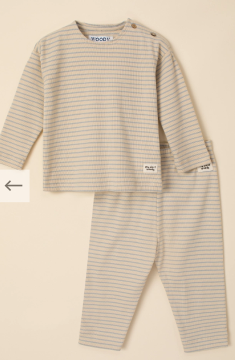 Woody Unisex Pyjama, blauw-crème streep