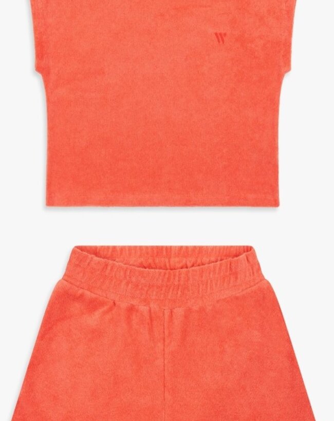 Woody Meisjes-Dames Set van T-shirt en Short, koraalrood