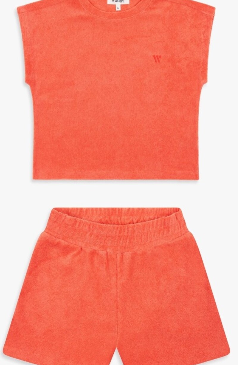 Woody Meisjes-Dames Set van T-shirt en Short, koraalrood