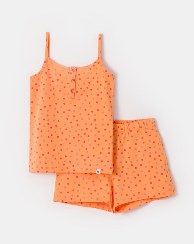 Woody Meisjes-Dames Pyjama, oranje bolletjes print