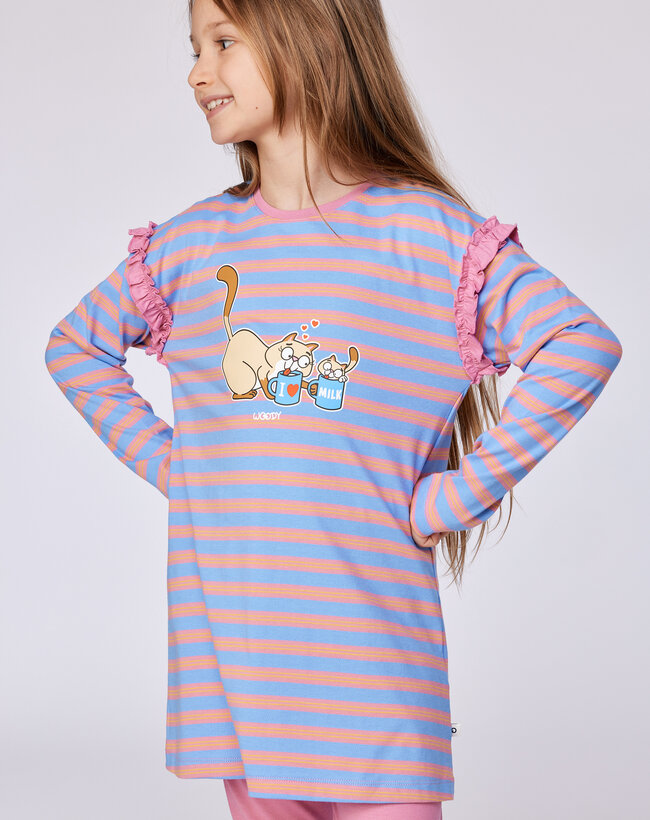 Woody Meisjes-Dames Pyjama, blauw-roze streep
