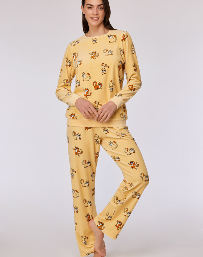 Woody Meisjes-Dames Pyjama, gele kattenprint