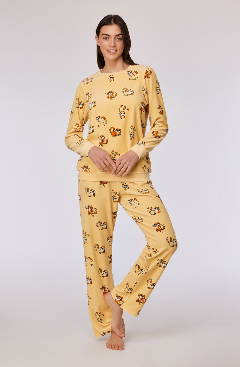 Woody Meisjes-Dames Pyjama, gele kattenprint