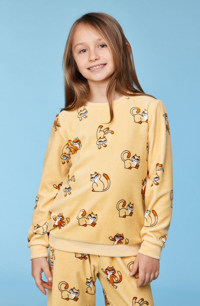 Woody Meisjes-Dames Pyjama, gele kattenprint