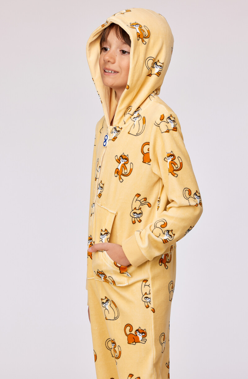 Woody Unisex Onesie, gele kattenprint