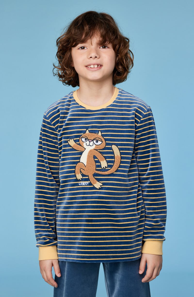 Woody Jongens-Heren Pyjama, antraciet-gele streep