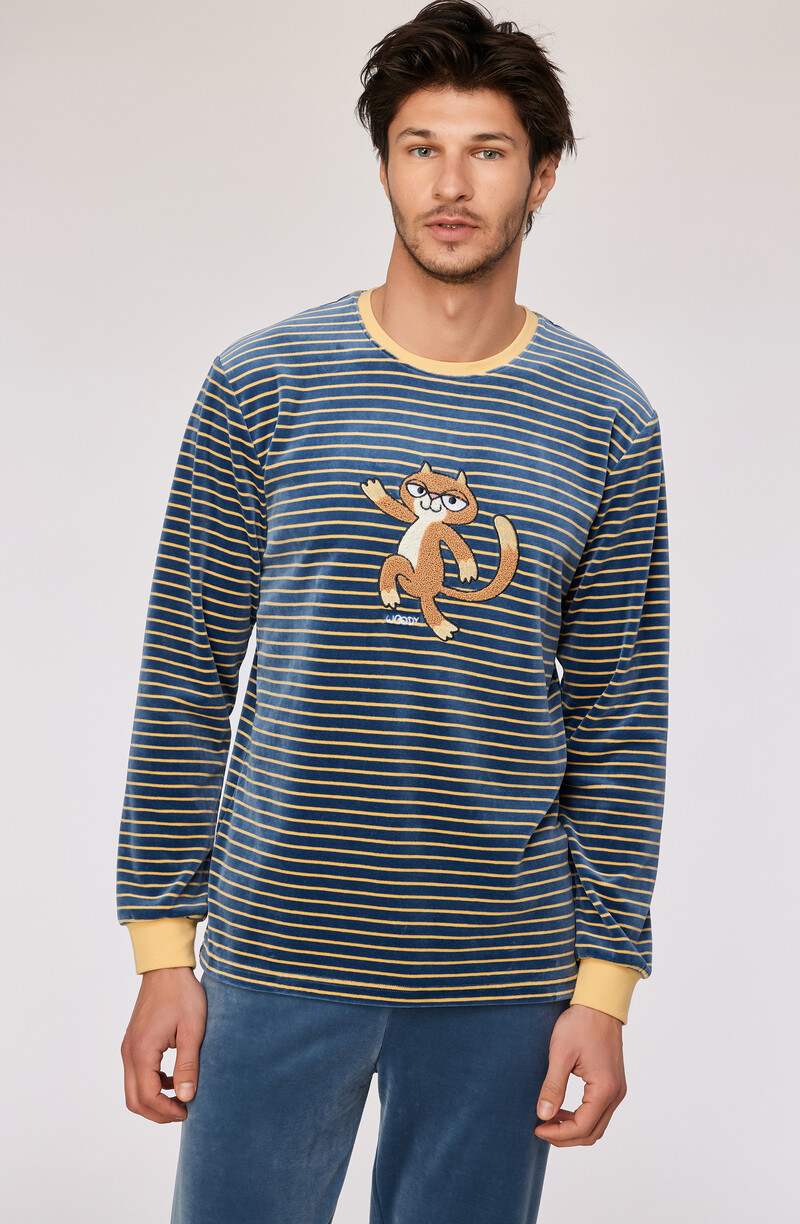 Woody Jongens-Heren Pyjama, antraciet-gele streep