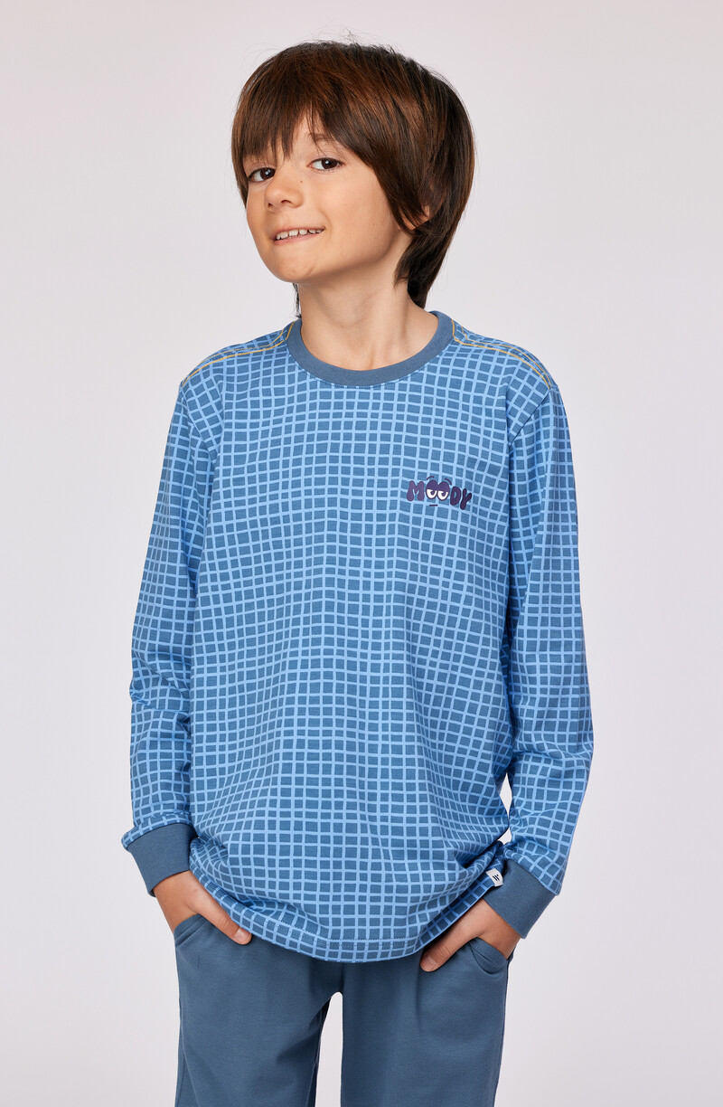Woody Jongens-Heren Pyjama, blauwe ruitjesprint