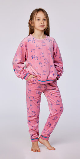 Woody Meisjes-Dames Pyjama, roze kattenprint