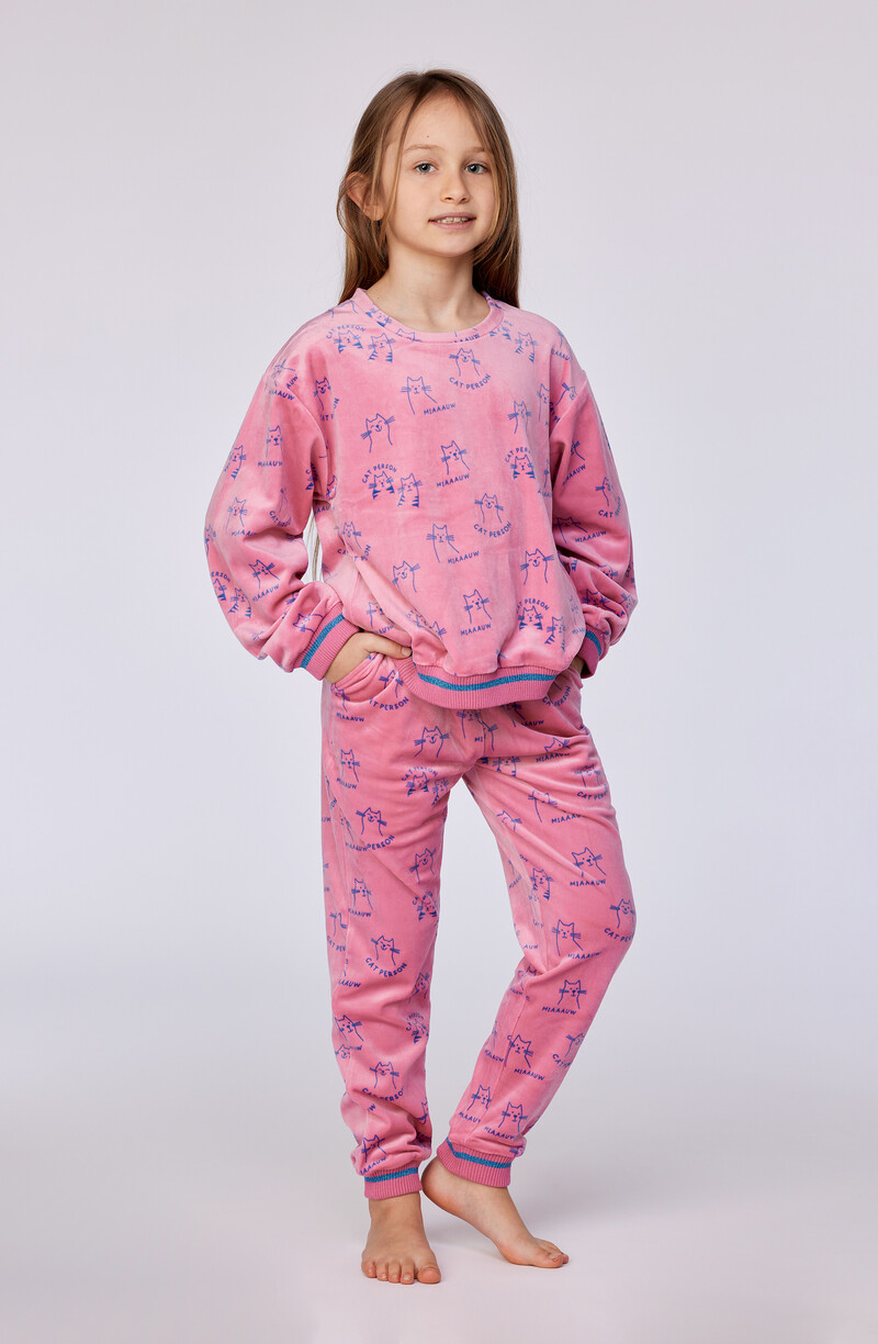 Woody Meisjes-Dames Pyjama, roze kattenprint