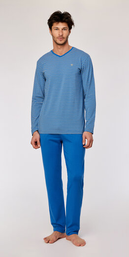 Woody Heren Pyjama, blauw-gele streep