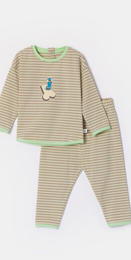 Woody Meisjes-Dames Pyjama, groen-beige streep