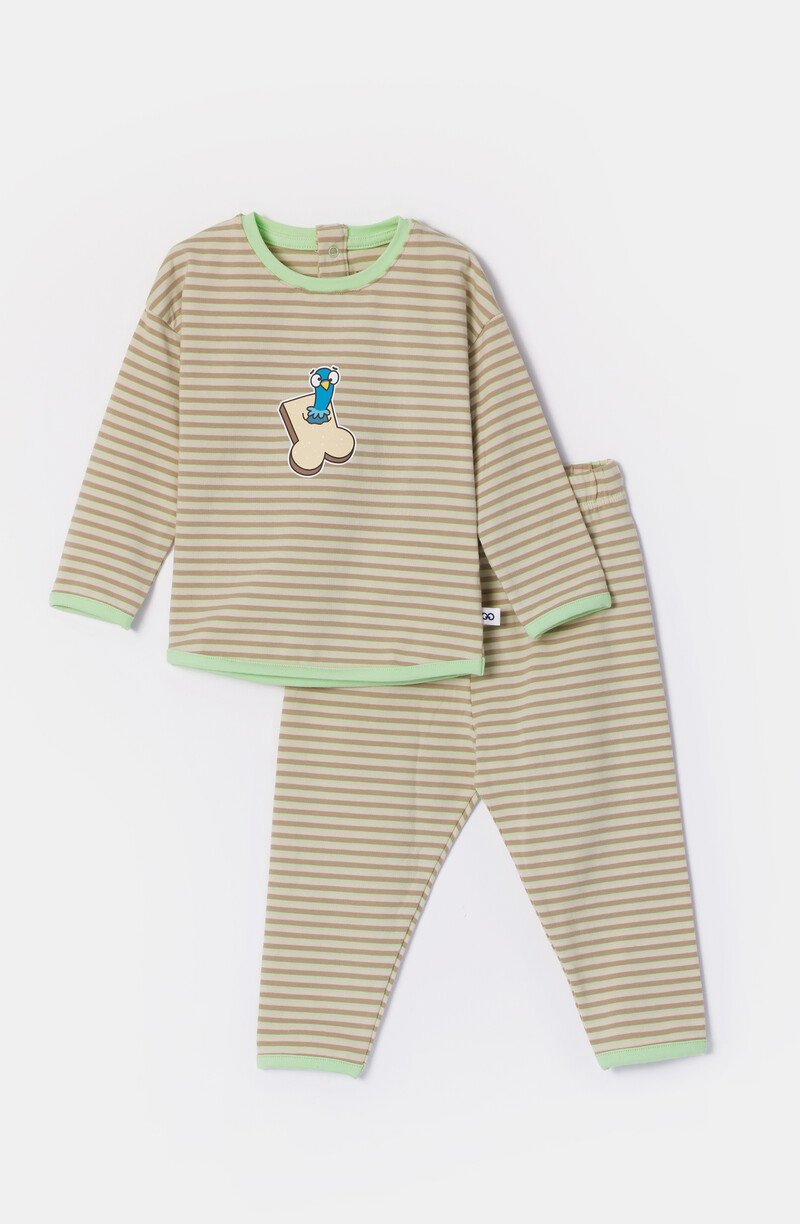 Woody Meisjes-Dames Pyjama, groen-beige streep