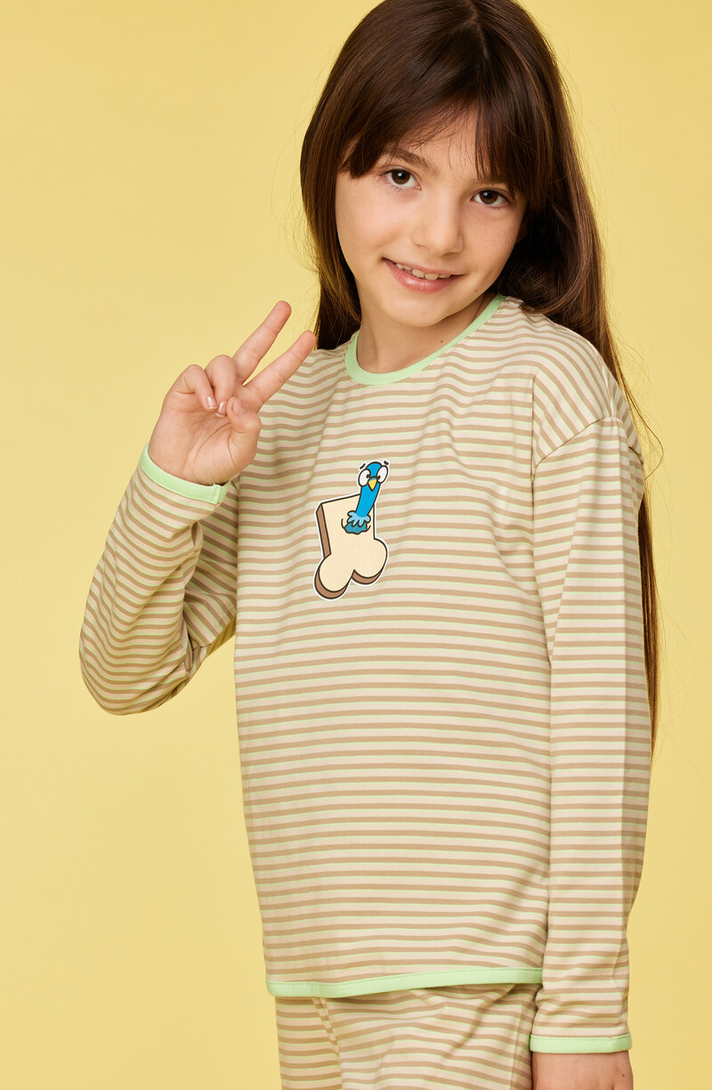 Woody Meisjes-Dames Pyjama, groen-beige streep