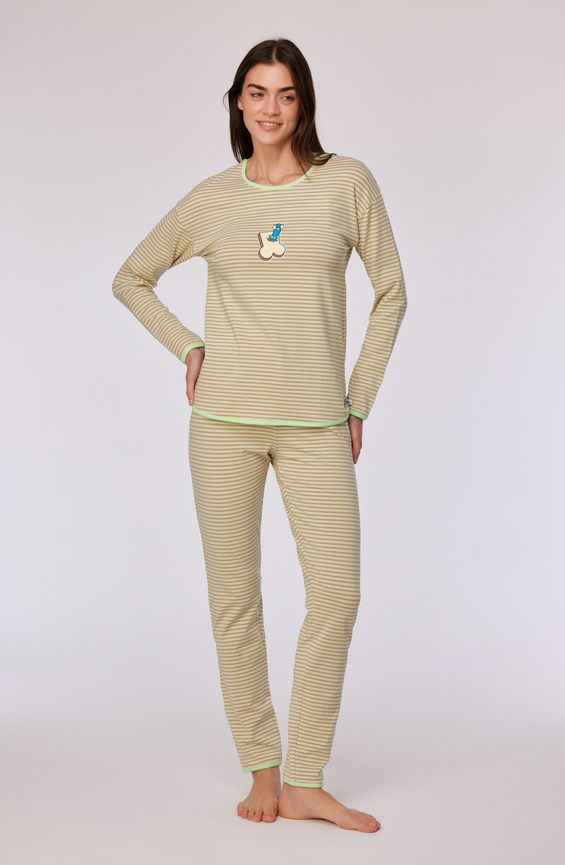 Woody Meisjes-Dames Pyjama, groen-beige streep