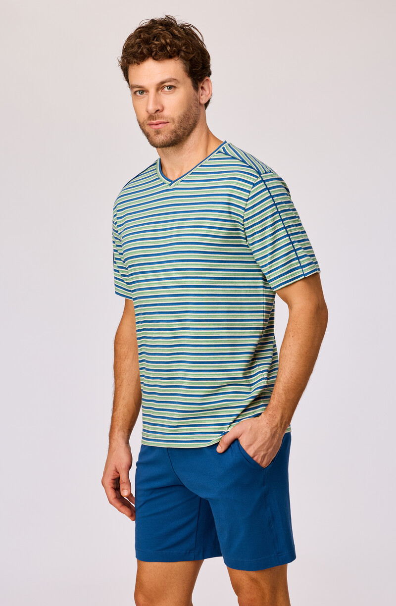 Woody Heren pyjama, groen-blauwe streep