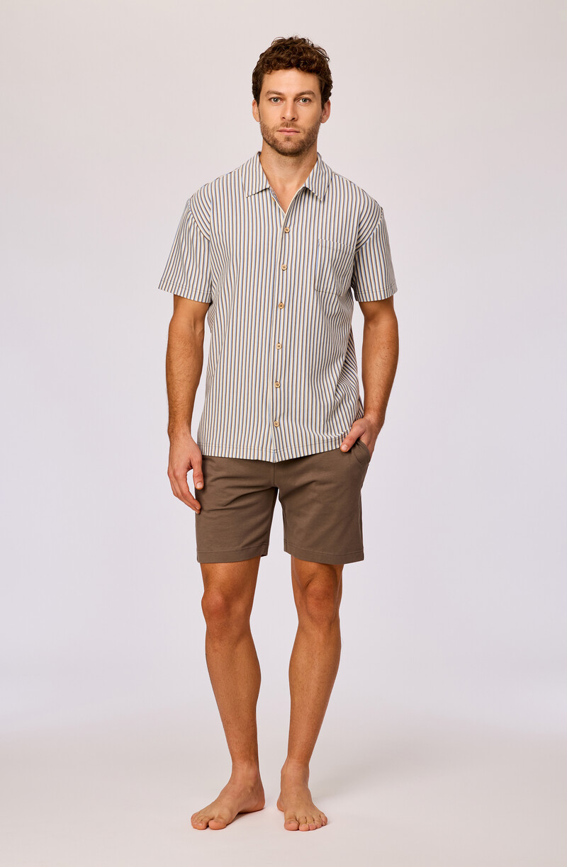 Woody Heren pyjama, bruin-blauw gestreept