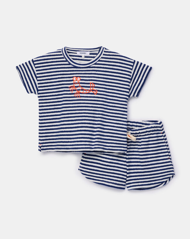 Woody set van T-shirt en shorts Meisjes-Dames, marineblauwe streep