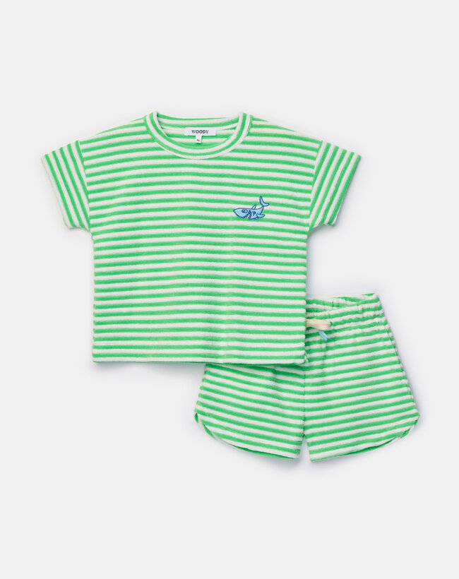 Woody set van T-shirt en shorts Meisjes-Dames, groene streep