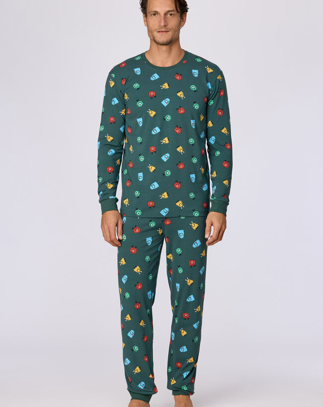 Woody Jongens-Heren pyjama, groene alienprint