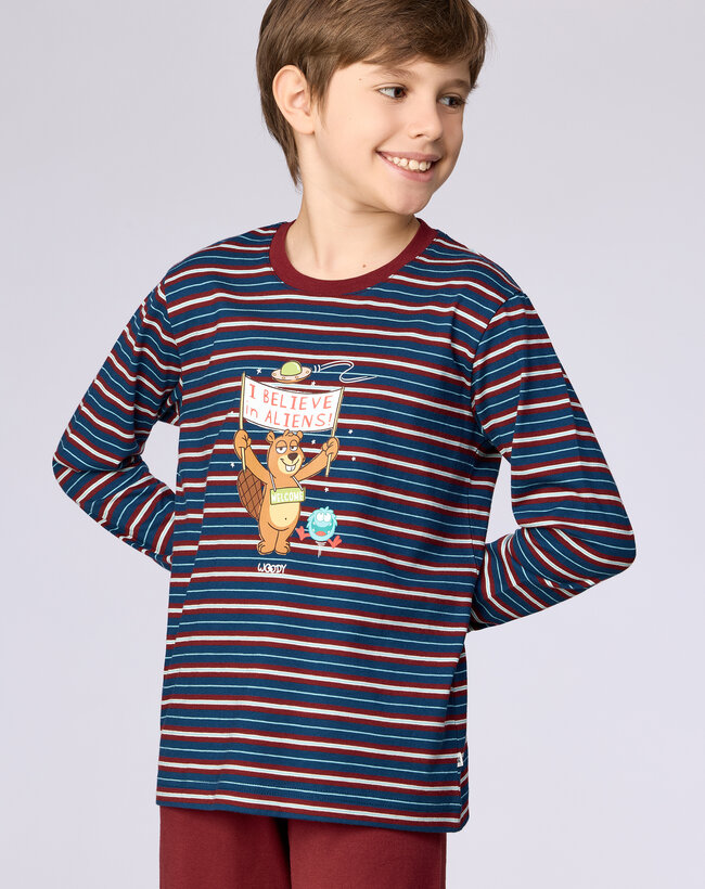 Woody Jongens-Heren pyjama, donkerblauwe streep print