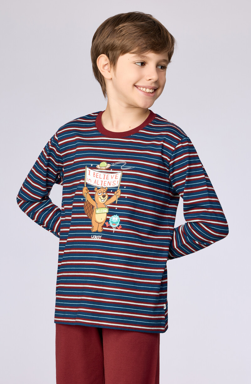 Woody Jongens-Heren pyjama, donkerblauwe streep print