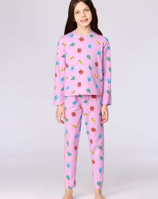 Woody Meisjes-Dames pyjama, alien alloverprint roze