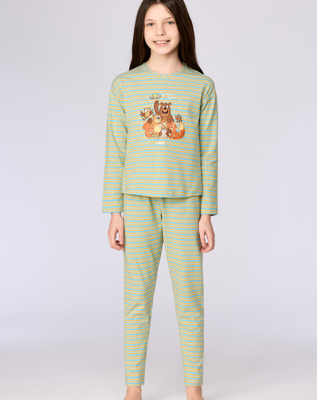 Woody Meisjes-Dames pyjama, blauw-groene streep