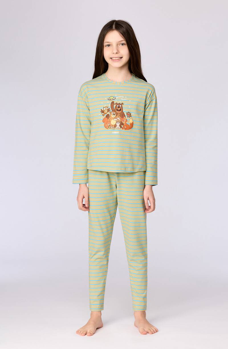 Woody Meisjes-Dames pyjama, blauw-groene streep