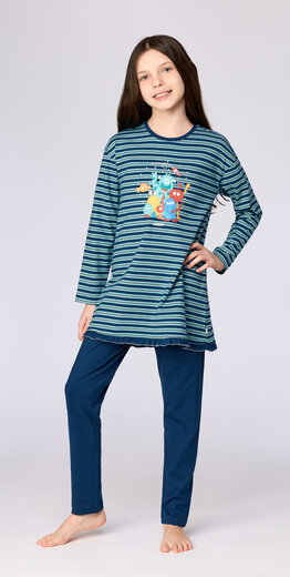 Woody Meisjes-Dames pyjama, blauwe streep gestreept