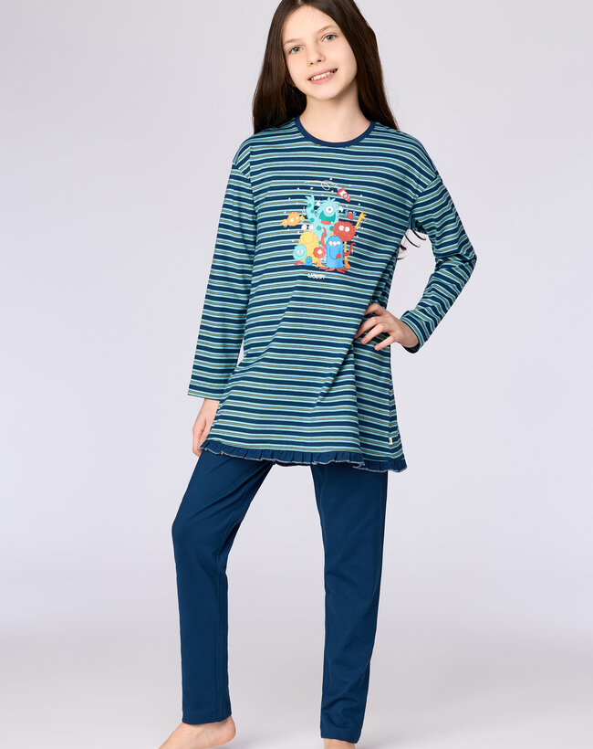 Woody Meisjes-Dames pyjama, blauwe streep gestreept