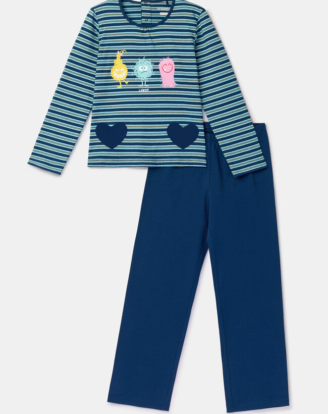 Woody Meisjes-Dames pyjama, blauwe streep gestreept