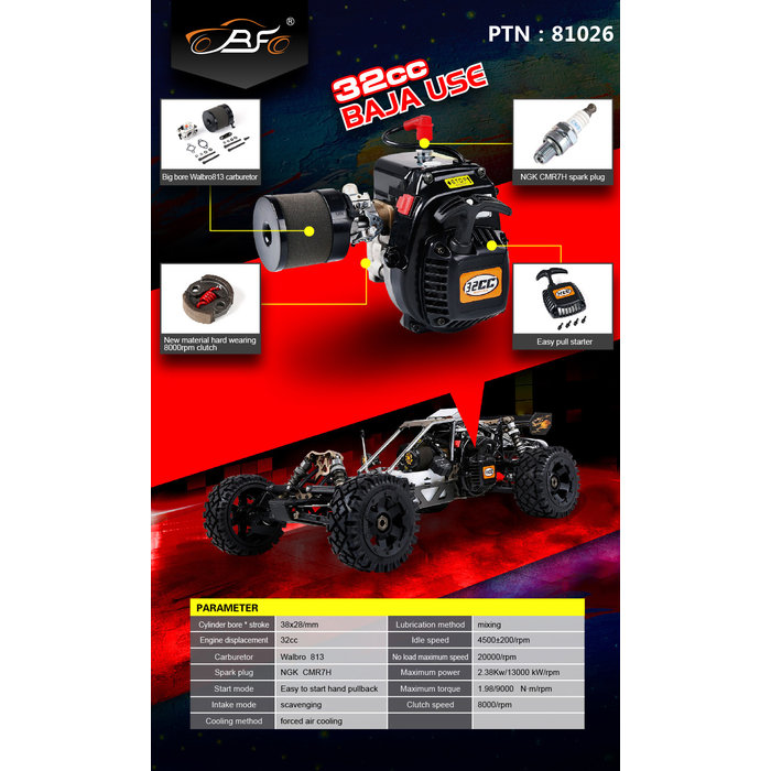 RovanSports  32cc Big Bore Engine with NKG bougi and  Walbro 813 Carb.