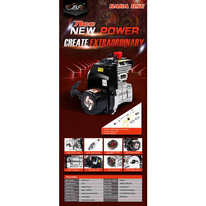 Luftgekühlter Viertaktmotor mit 71 ccm Hubraum (Walbro WJ71 Vergaser und NGK Zündkerze) für BAHA und Losi