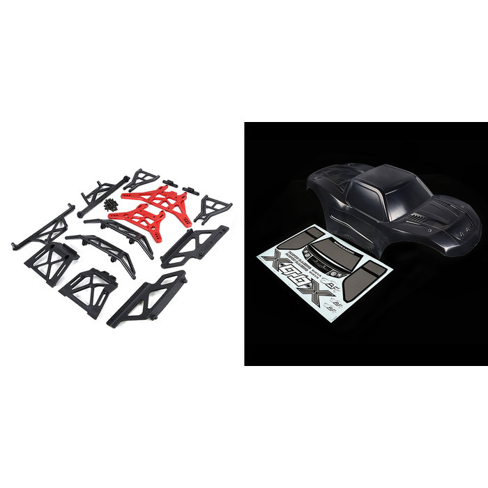 RovanLosi ROVAN LT / LOSI 5ive-T modifiziertes X-LT Bodykit (transparente Karosserie mit roten oder blauen CNC ALU Metallteilen)