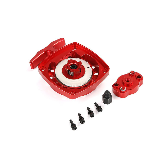 CNC metalen Easy Start trekstarter  (in rood of zilver) met CNC vliegwielmeenemer