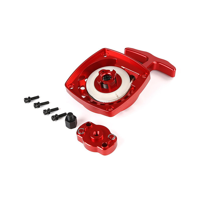 CNC metalen Easy Start trekstarter  (in rood of zilver) met CNC vliegwielmeenemer