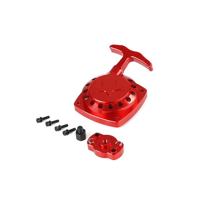 CNC metalen Easy Start trekstarter  (in rood of zilver) met CNC vliegwielmeenemer