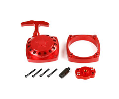 CNC metalen Easy Start trekstarter  (in rood of zilver) met CNC vliegwielmeenemer en afstandsbrugplaat