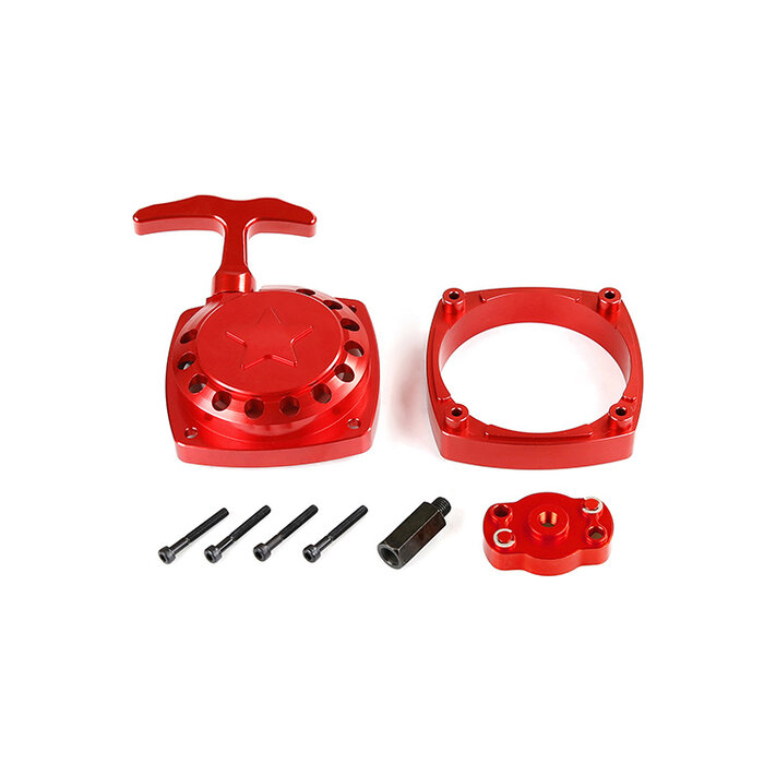 CNC metalen Easy Start trekstarter  (in rood of zilver) met CNC vliegwielmeenemer en afstandsbrugplaat