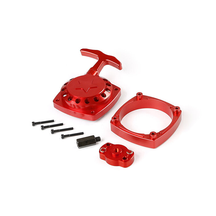 CNC metalen Easy Start trekstarter  (in rood of zilver) met CNC vliegwielmeenemer en afstandsbrugplaat